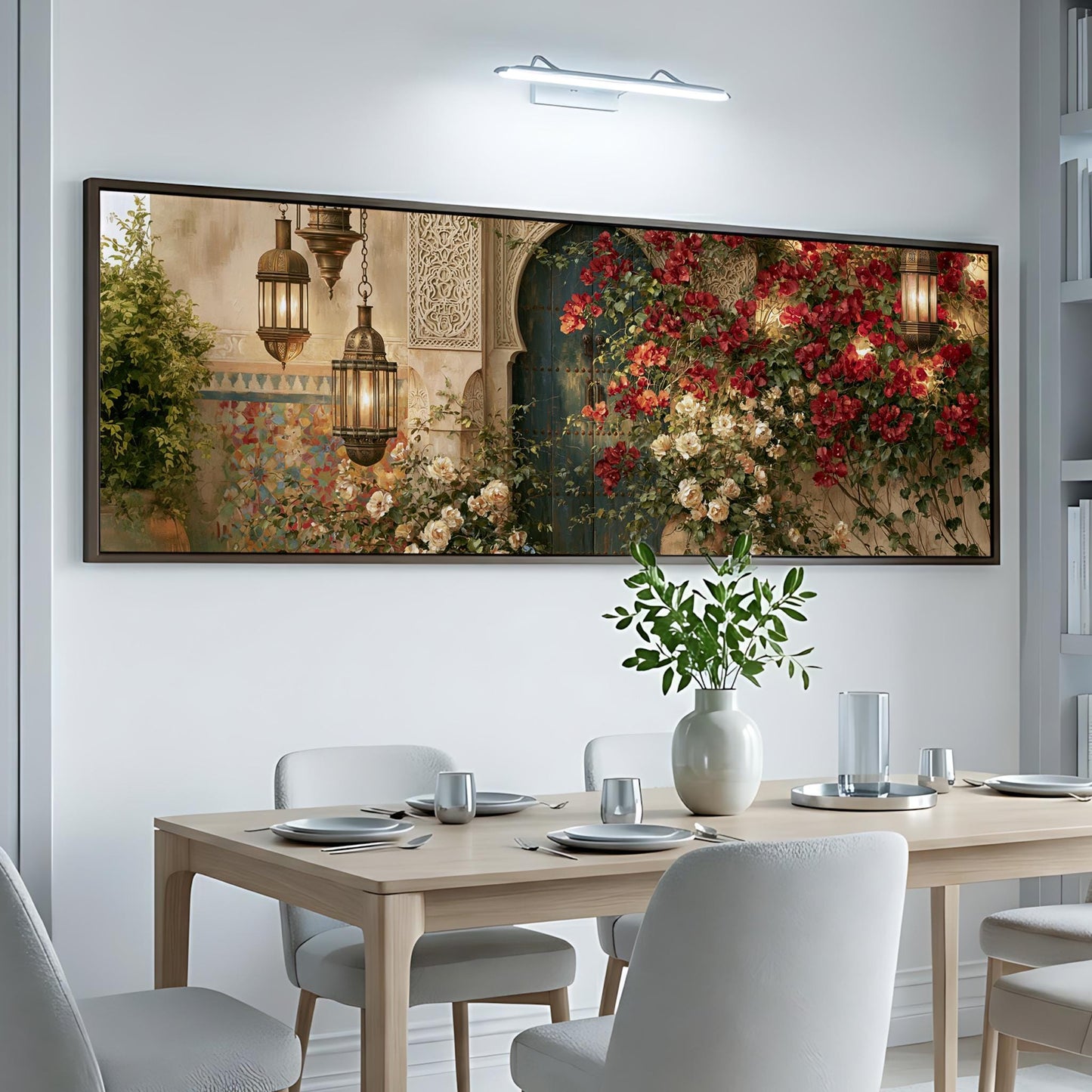 a dining room with a large, framed painting of a garden scene hanging on the wall above a table set for a meal.