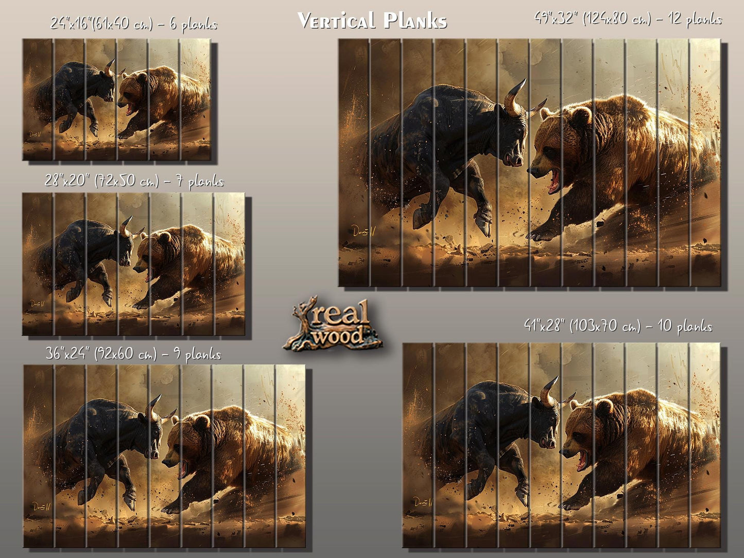 Rustic Wood Wall Art – Bull and Bear Art on UV Printed Wood for Trader Office Decor