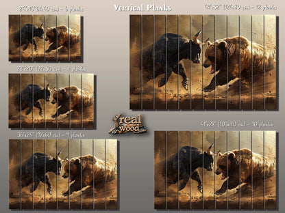 Rustic Wood Wall Art – Bull and Bear Art on UV Printed Wood for Trader Office Decor