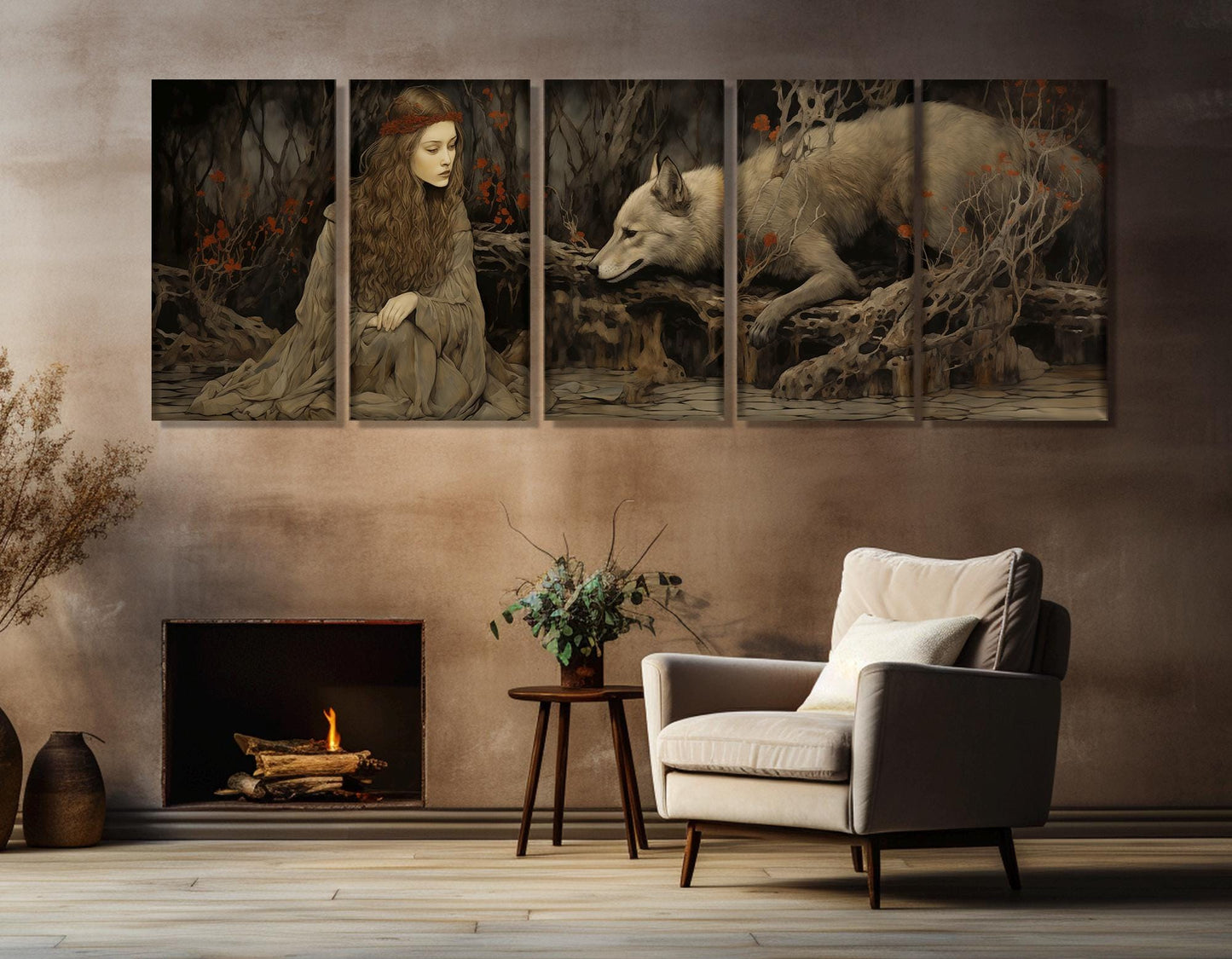 Woman and Wolf Painting Canvas Print, Fantasy Wall Art, Abstract Wolf Canvas Art, Lady and Wolf Poster, Framed and Ready to Hang