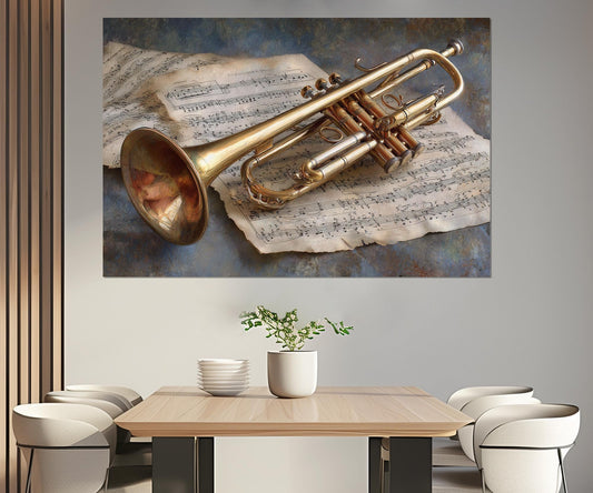 Trumpet Canvas Print – Vintage Music Wall Art | Framed Cotton Canvas, Jazz Decor