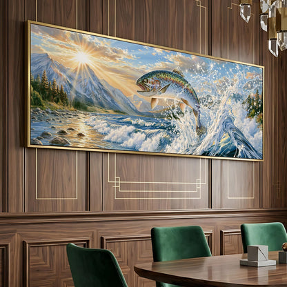 a large painting of a fish leaping out of a body of water, with a mountainous landscape in the background. The painting is displayed on a wooden wall, and there are green chairs positioned in front of it.