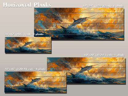 Marlin Wood Wall Art – Colorful Marlin Print on Natural Wood Planks