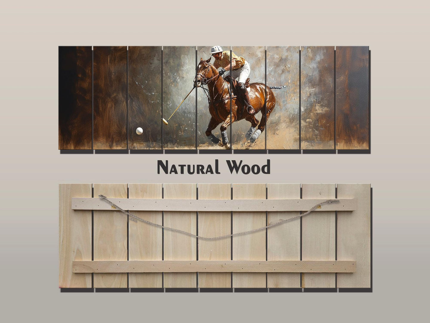 Abstract Polo Painting On Natural Wood – Outdoor Sports Wall Art