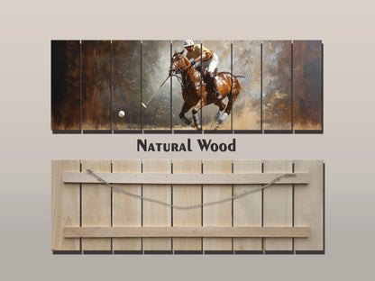 Abstract Polo Painting On Natural Wood – Outdoor Sports Wall Art