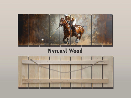 Abstract Polo Painting On Natural Wood – Outdoor Sports Wall Art