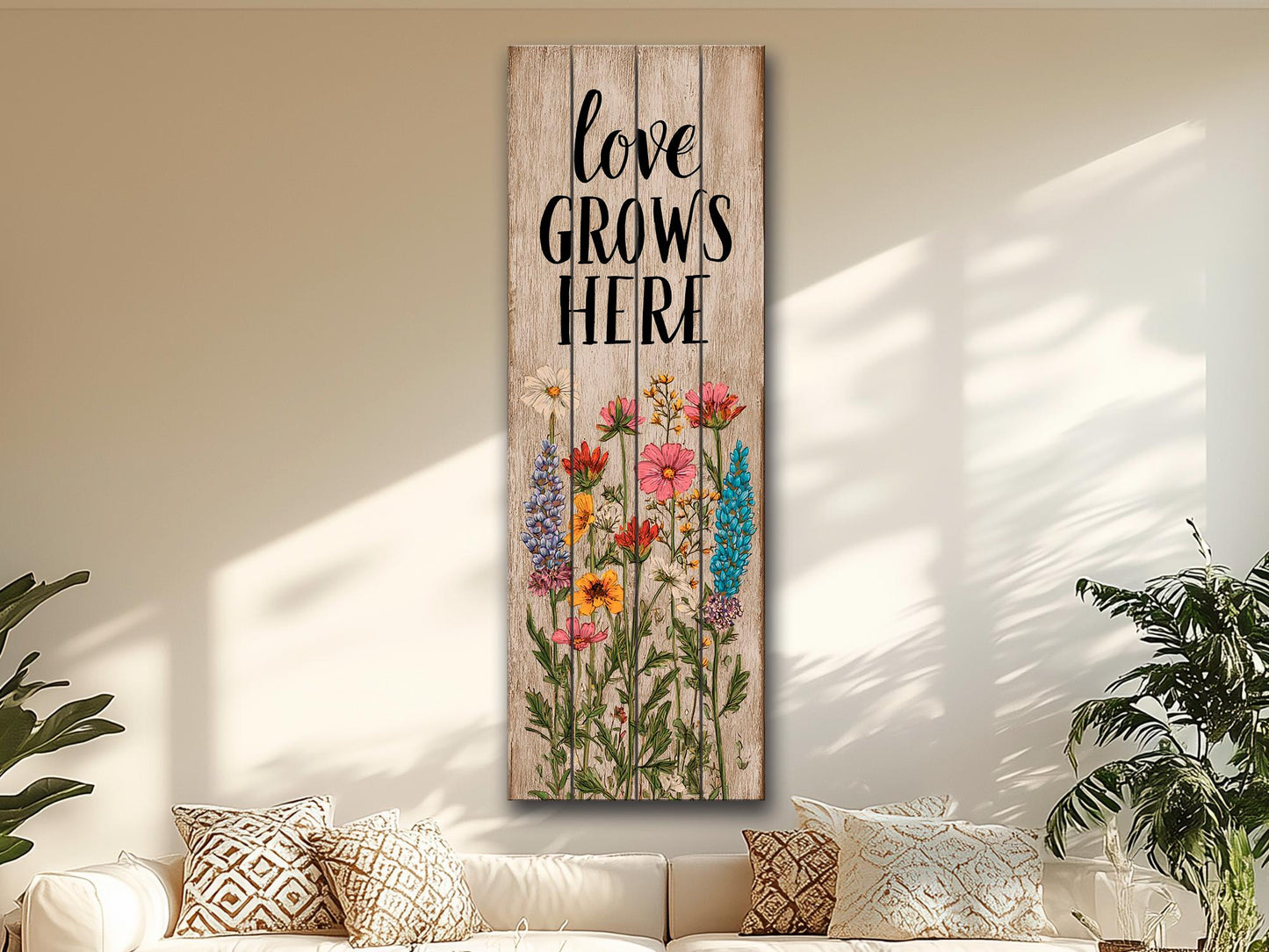 Rustic Wood Wall Art – Love Grows Here Sign With Wildflower Farmhouse Decor
