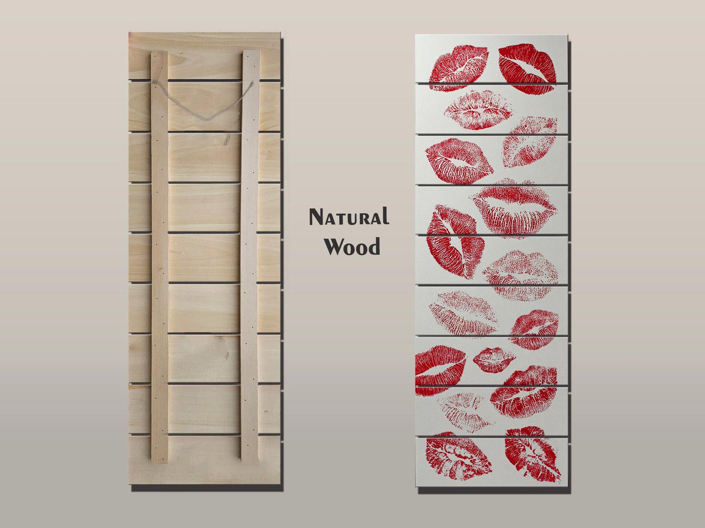 Romantic Wood Wall Art – Red Lips Print Artwork | Rustic Wooden Wall Decor