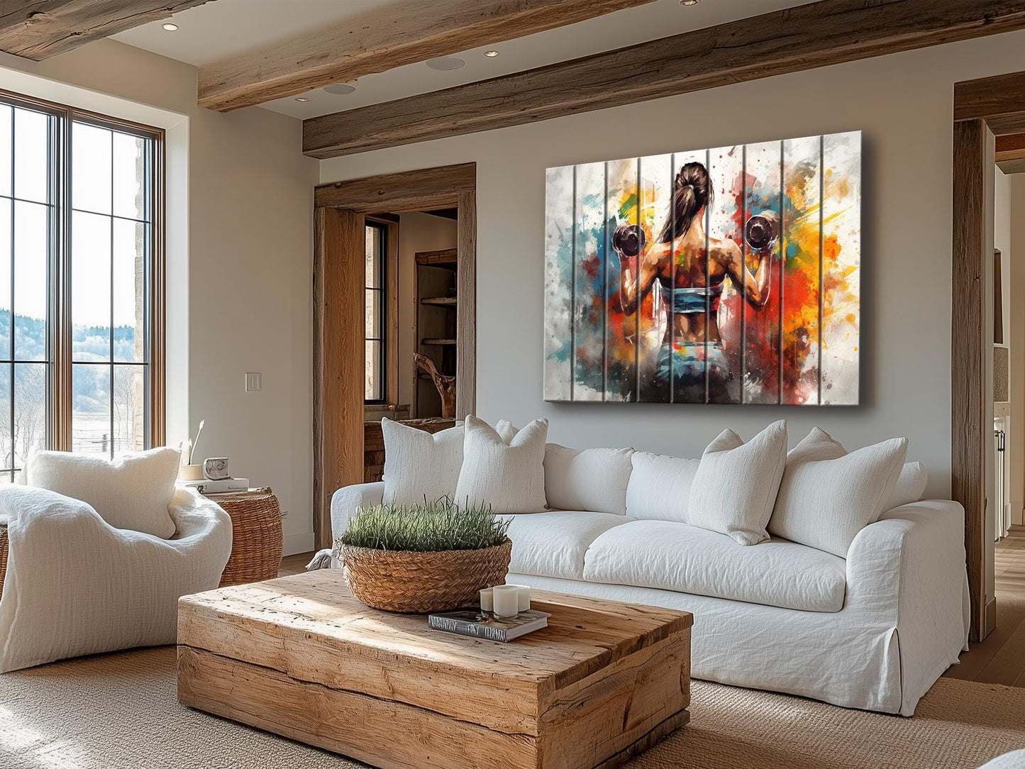 Girl with Dumbbells Painting – Wooden Gym Wall Art | Fitness Motivation Print
