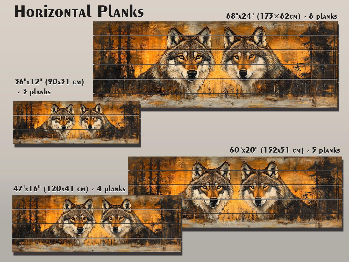 Rustic Wood Wall Art - Wolves Couple Art on Natural Wood Plank Painting