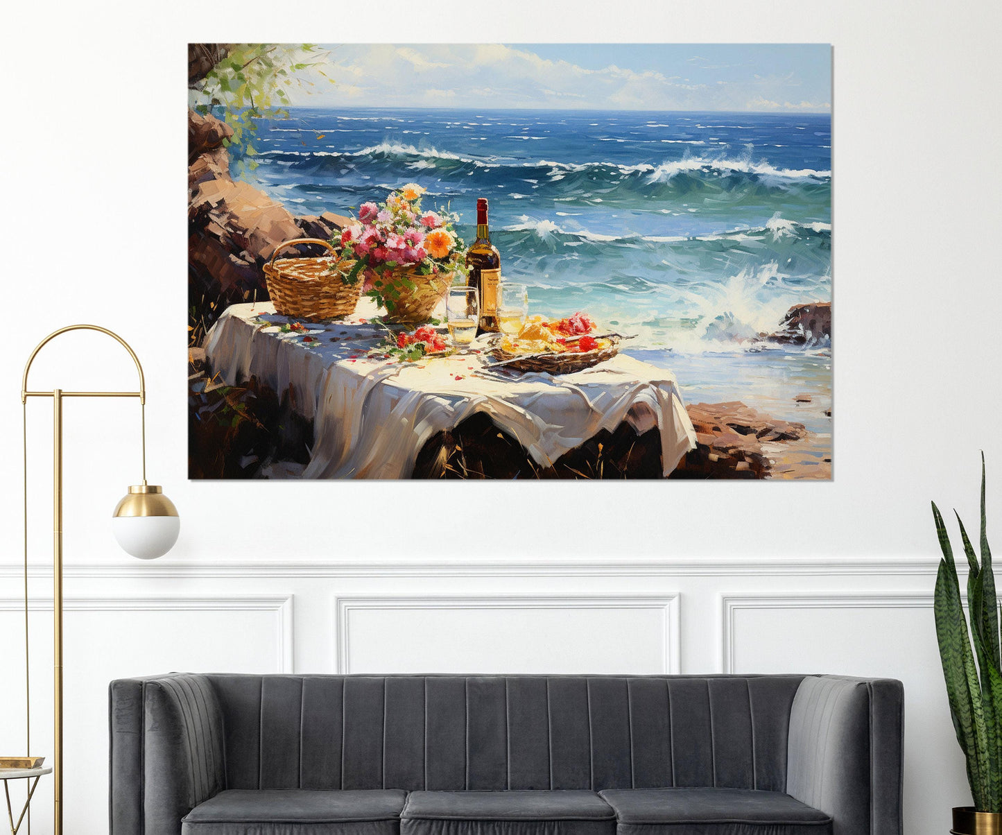 Impressionist Beach Painting – Romantic Wall Art | Framed Canvas Print Ready to Hang