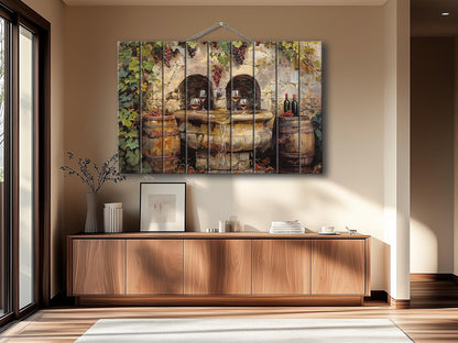 Rustic Wine Wall Art - Vintage Wine Barrels & Fountain Painting on Natural Wood