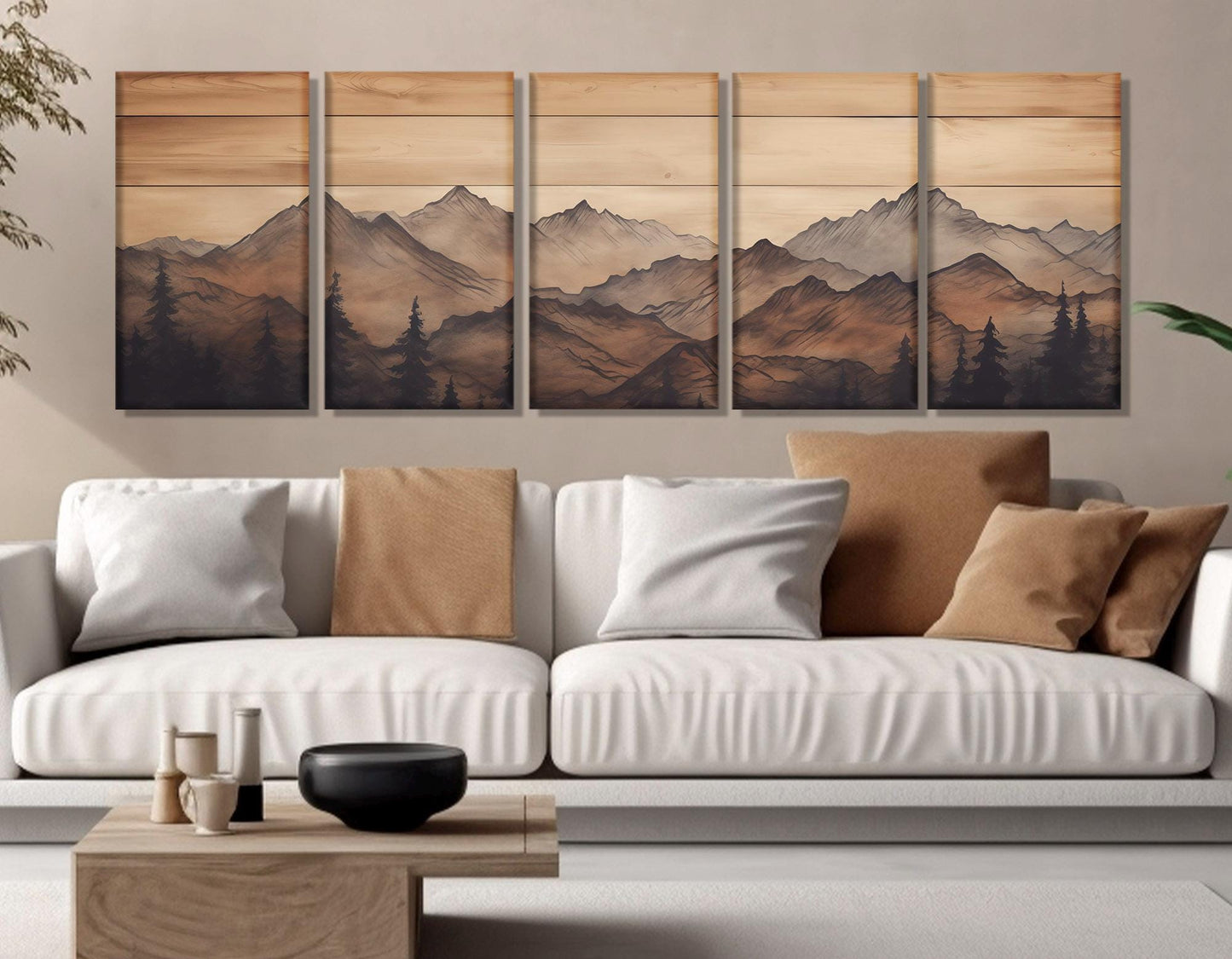 Mountains Wall Art – Rustic Mountains Art Framed Canvas Print | Soft Tone Mountain Decor