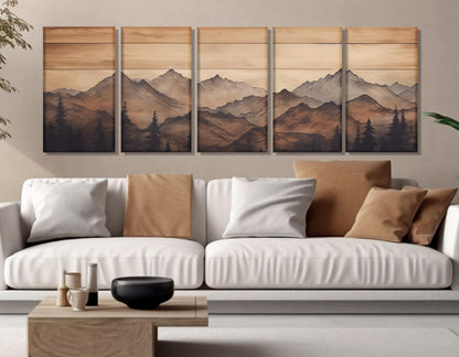 Mountains Wall Art – Rustic Mountains Art Framed Canvas Print | Soft Tone Mountain Decor
