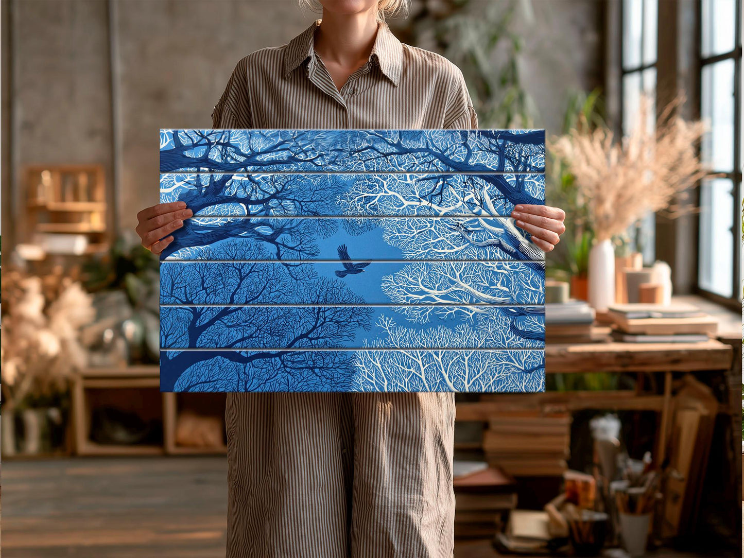 Linocut Wood Art – Enchanted Forest Sky Print | Vibrant UV Wood Decor