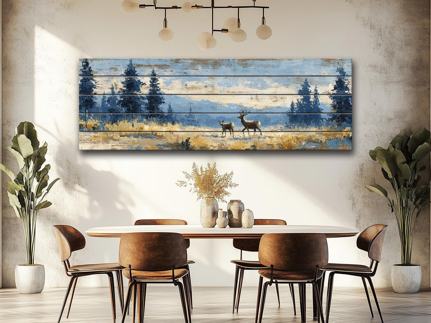 Deer Wood Art – Rustic Cabin Decor | Handcrafted Natural Wood Print with Meadow Deer Painting