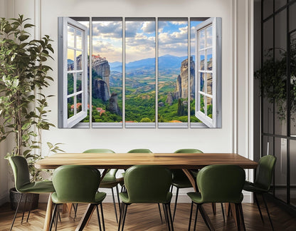 Greece Canvas Print – Open Window Wall Art of Meteora Monasteries | Ready to Hang Framed Canvas