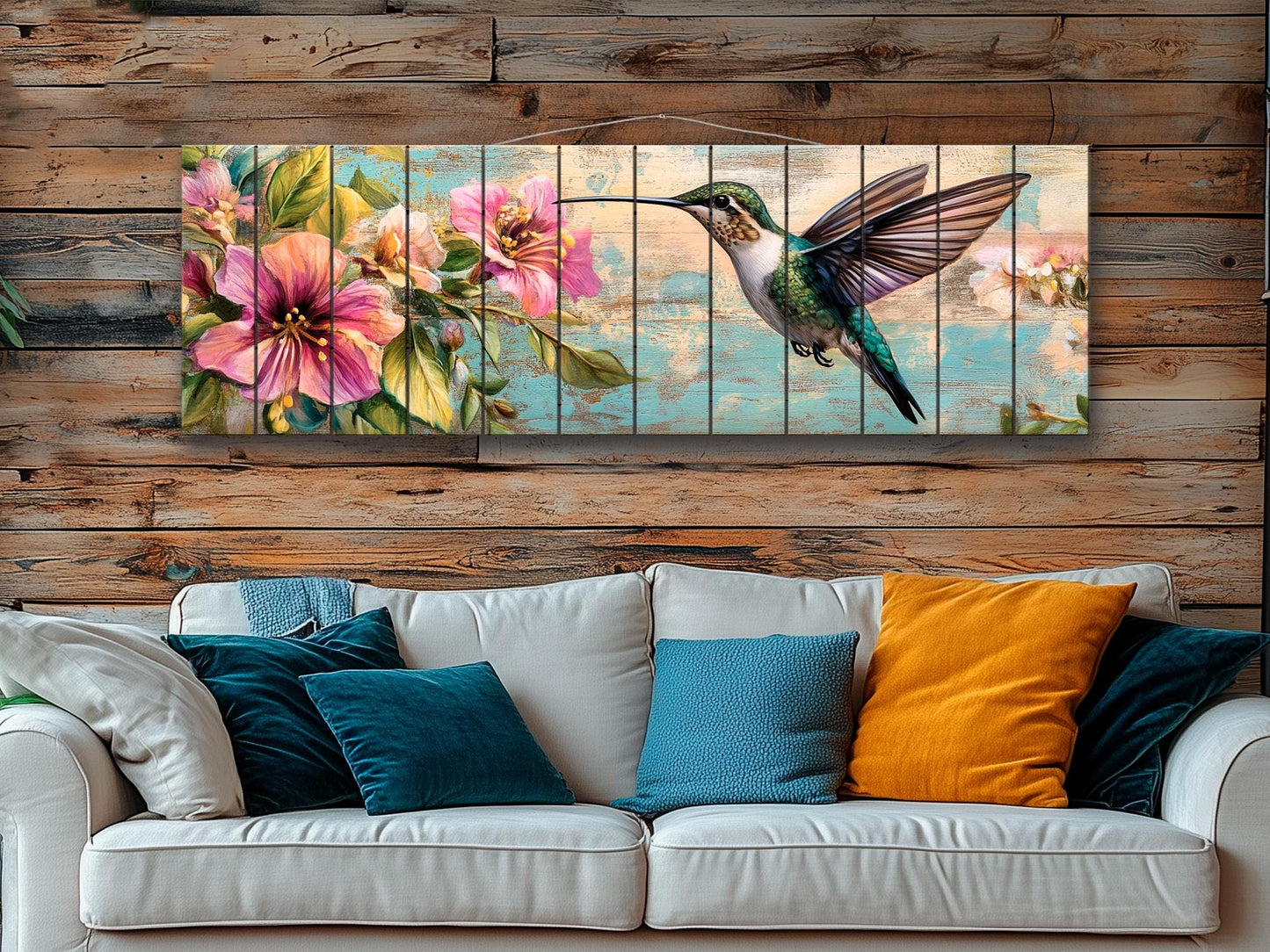 Hummingbird Wood Art – Tropical Floral Print | Rustic Wood Wall Decor, Ready to Hang