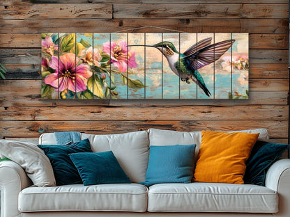Hummingbird Wood Art – Tropical Floral Print | Rustic Wood Wall Decor, Ready to Hang