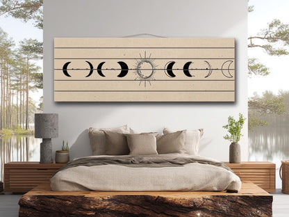 Moon Phases Print on Wood, Minimalist Lunar Cycle Painting, Rustic Wall Decor, Boho Wall Art