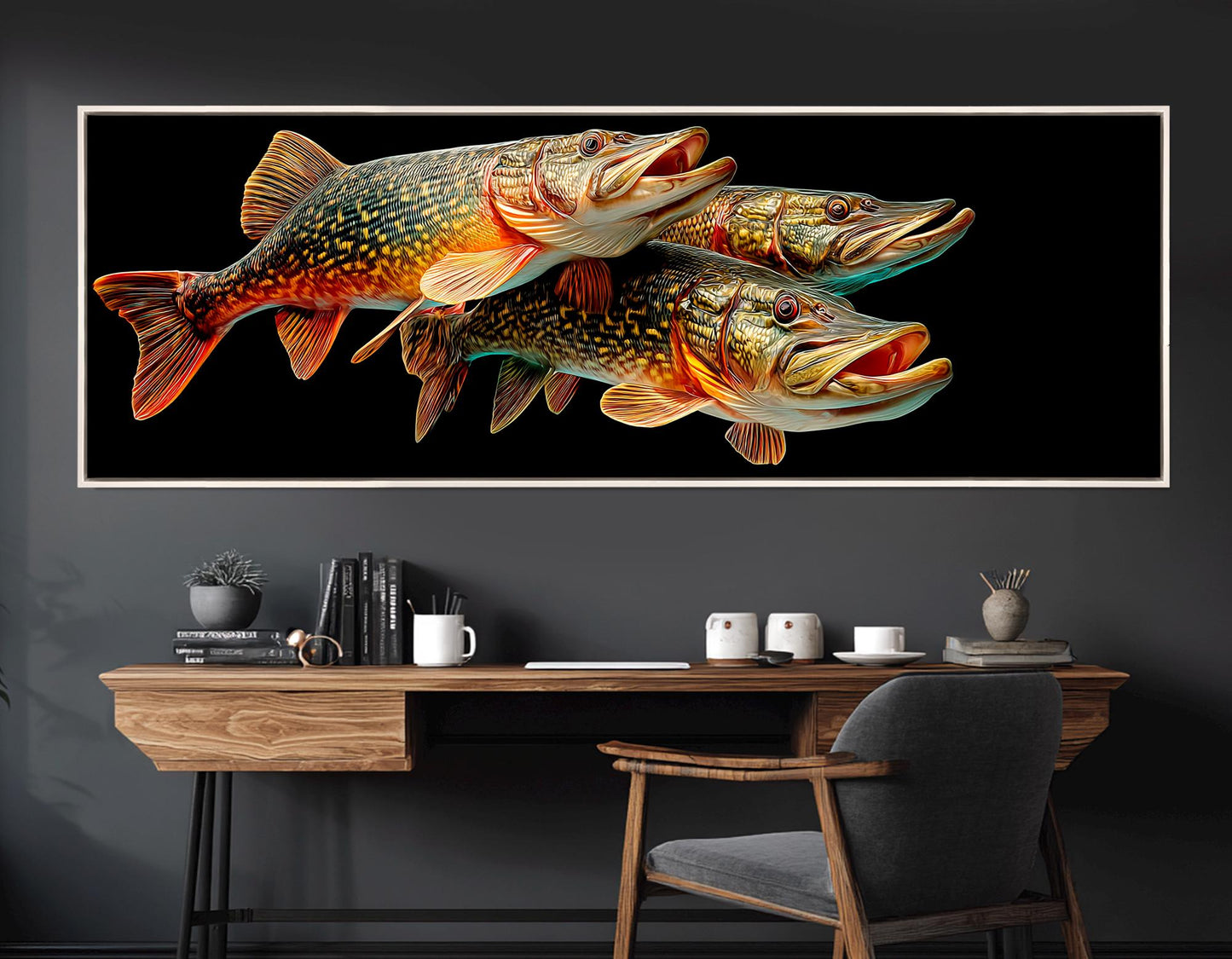 Pike Fish Canvas Print – Realistic Underwater Fish Chase on Stretched Frame