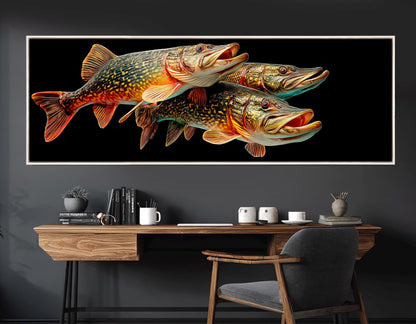 Pike Fish Canvas Print – Realistic Underwater Fish Chase on Stretched Frame