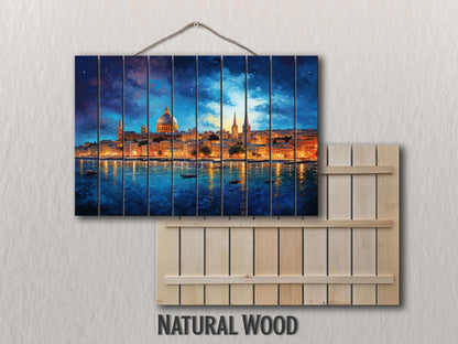 Wooden Wall Art - Rustic Valletta Skyline Print on Natural Wood Planks