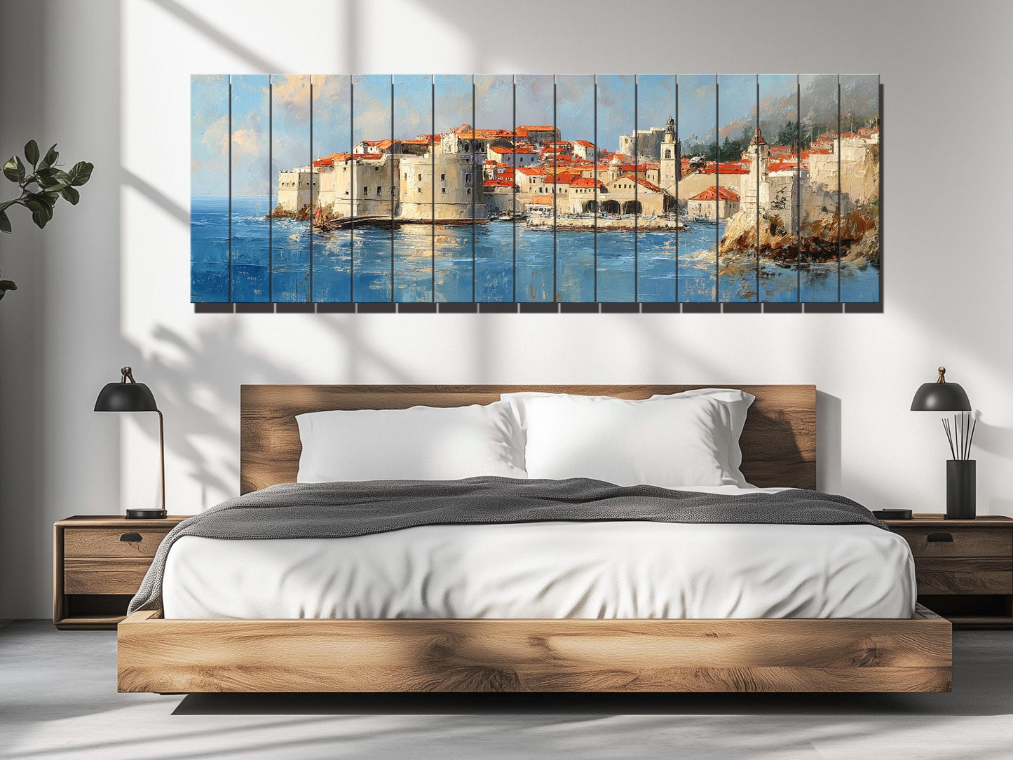 Dubrovnik Wood Print – Rustic Coastal Wall Art With Beige Sunlight Painting