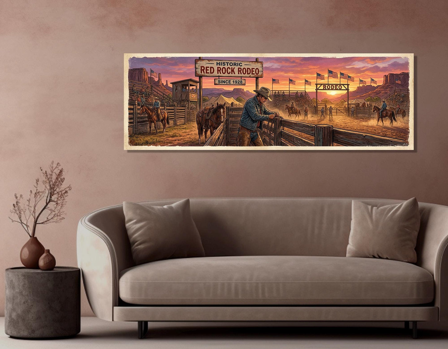Rodeo Canvas Print, Panoramic Cowboy Arena Painting, Large Western Wall Art, Framed and Ready to Hang