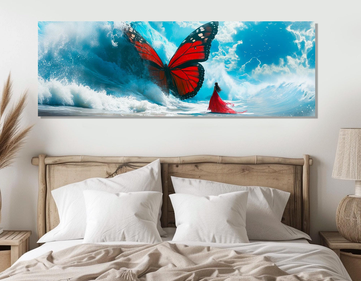 Large Abstract Canvas Print, Red Butterfly in Sea Wave, Framed and Ready to Hang