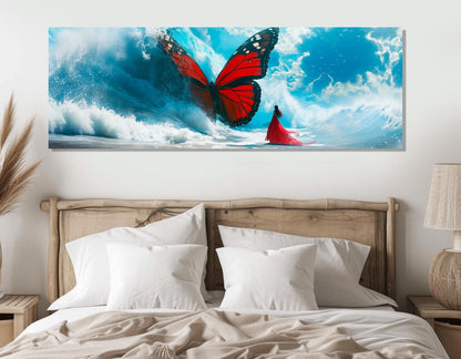 Large Abstract Canvas Print, Red Butterfly in Sea Wave, Framed and Ready to Hang