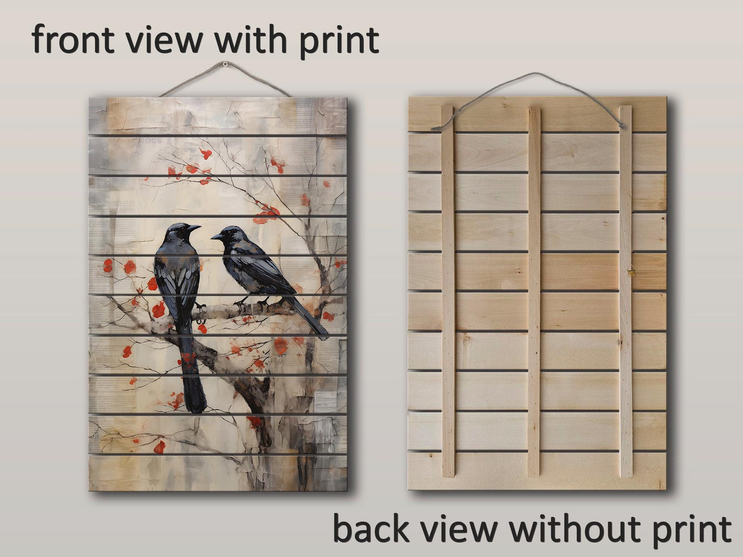 Vintage Crow Art Print – Rustic Wildlife Wall Art On Natural Wood Planks