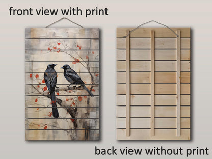 Vintage Crow Art Print – Rustic Wildlife Wall Art On Natural Wood Planks