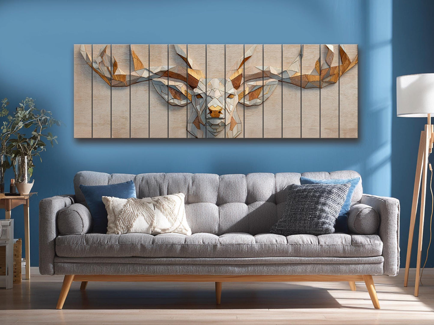Deer Print Wood - Geometric Antlers Art | Rustic Wildlife Wall Art With Gold Accent