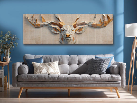 Deer Print Wood - Geometric Antlers Art | Rustic Wildlife Wall Art With Gold Accent
