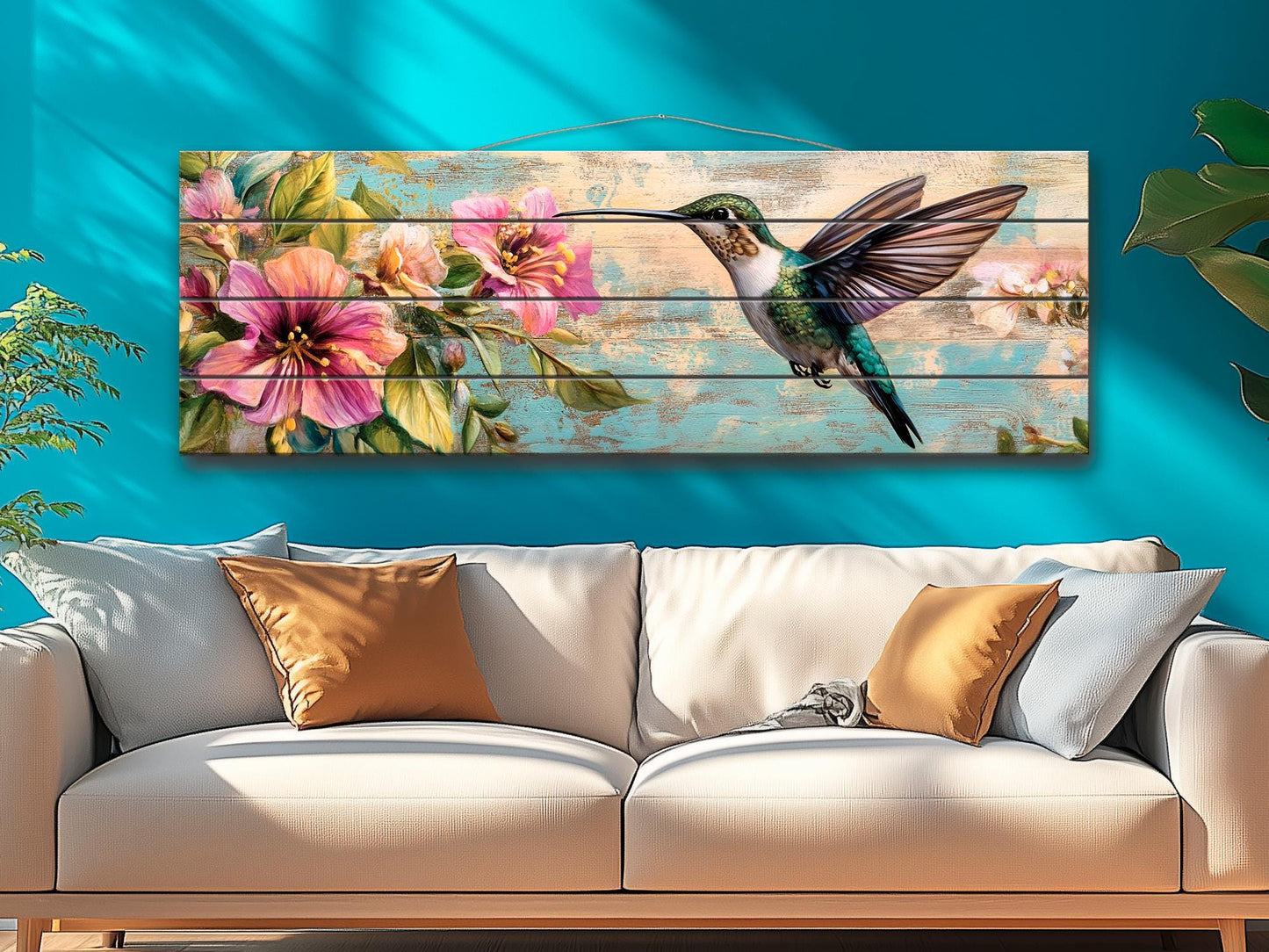 Hummingbird Wood Art – Tropical Floral Print | Rustic Wood Wall Decor, Ready to Hang