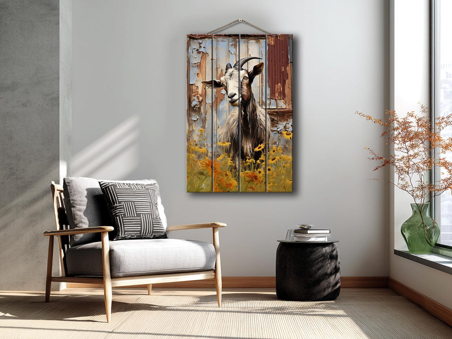 Rustic Goat Wall Art – Natural Wood Print | Farmhouse Wall Decor, Ready to Hang