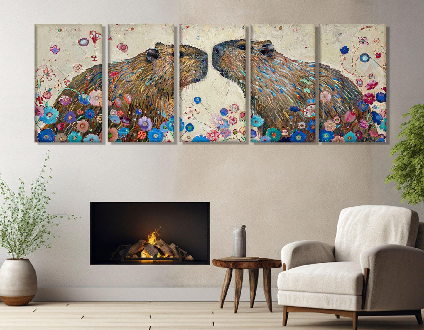 Capybaras Couple Painting - Romantic Wall Art | Framed Canvas Print Ready to Hang