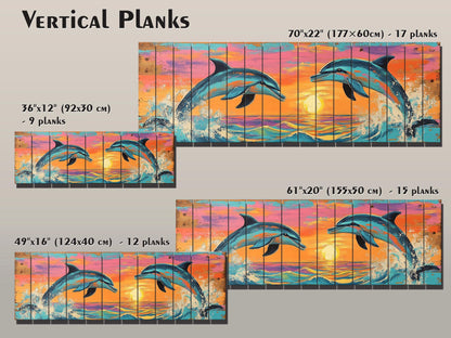 Playful Dolphins Jumping at Sunset Print on Natural Wood, Dolphins Wall Art, Wood Wall Art, Dolphins Painting, Romantic Bedroom Wall Decor