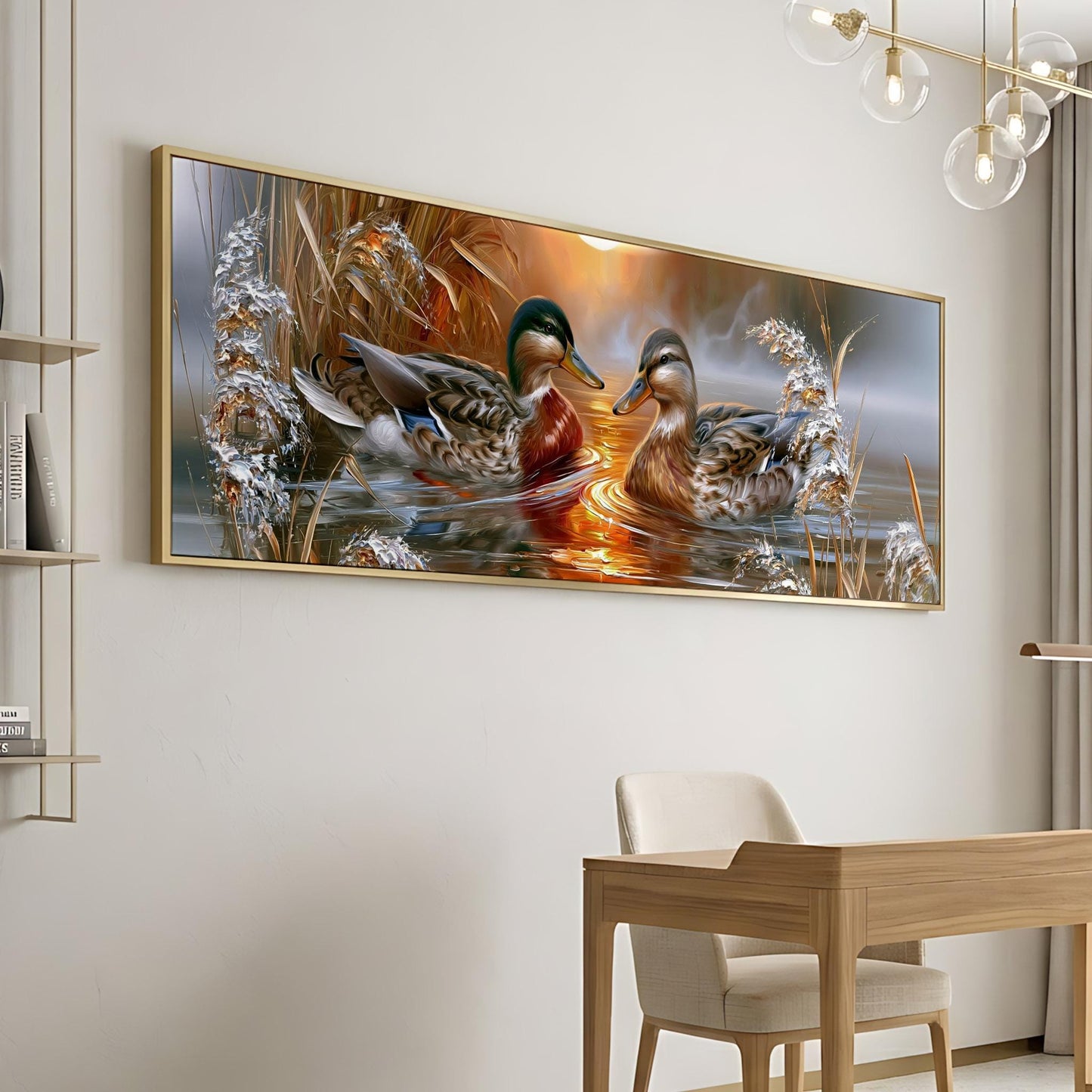 a large framed painting of two ducks swimming in a pond, surrounded by a serene and natural environment.