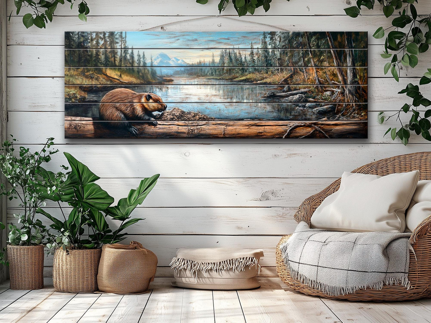 Rustic Beaver Building a Dam in Forest Print on Natural Wood, Rustic Forest Wall Art, Forest Landscape Painting, Wood Print, Wood Wall Art