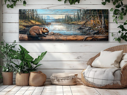 Rustic Beaver Building a Dam in Forest Print on Natural Wood, Rustic Forest Wall Art, Forest Landscape Painting, Wood Print, Wood Wall Art