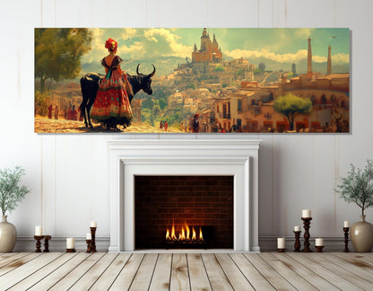 Spanish Village Canvas Print – Framed Cotton Canvas Wall Art with Bull Artwork