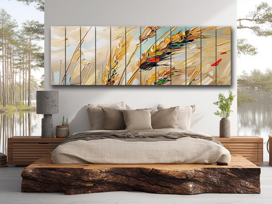 Wood Wall Art – Golden Wheat Ears Rustic Nature Print on Natural Wood Planks