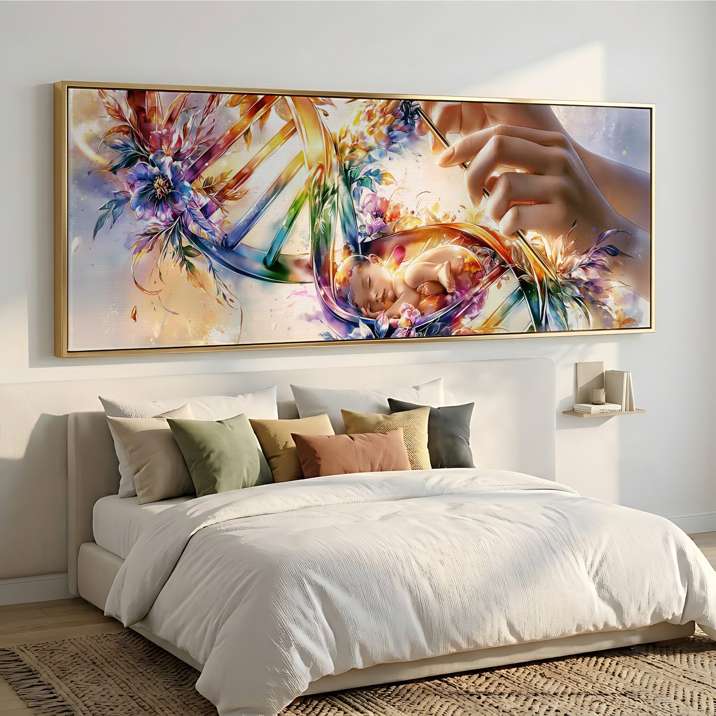 a large, colorful painting of a hand holding a flower, which is displayed on the wall above a bed with white bedding.
