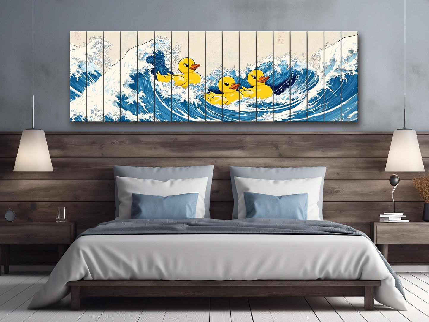 Rubber Ducks on The Great Wave off Kanagawa Print on Natural Wood – Fun Wall Art