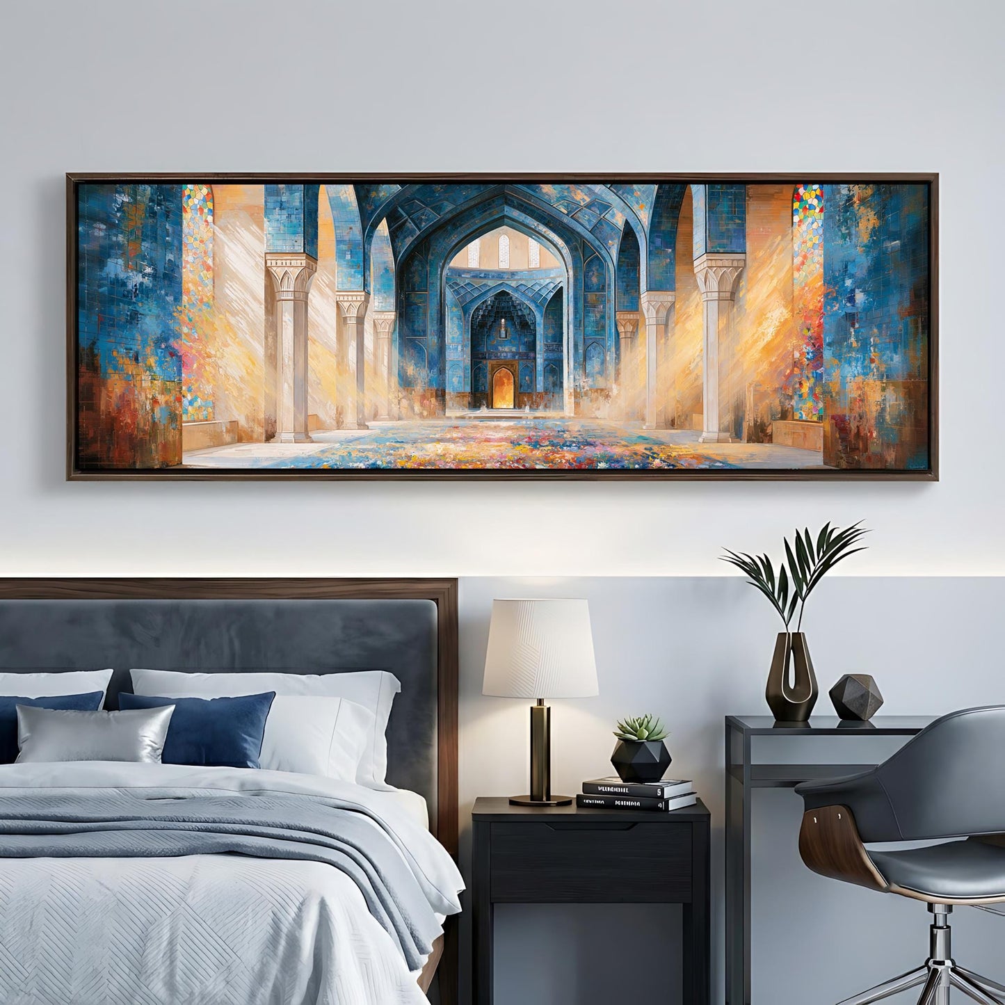 a large, colorful painting of an ornate, blue-tiled hallway or corridor, hanging on a wall above a bed with a gray headboard.