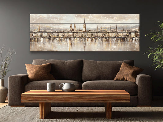 Zurich Skyline Wood Print – Rustic Wall Art with Lake Reflections Painting