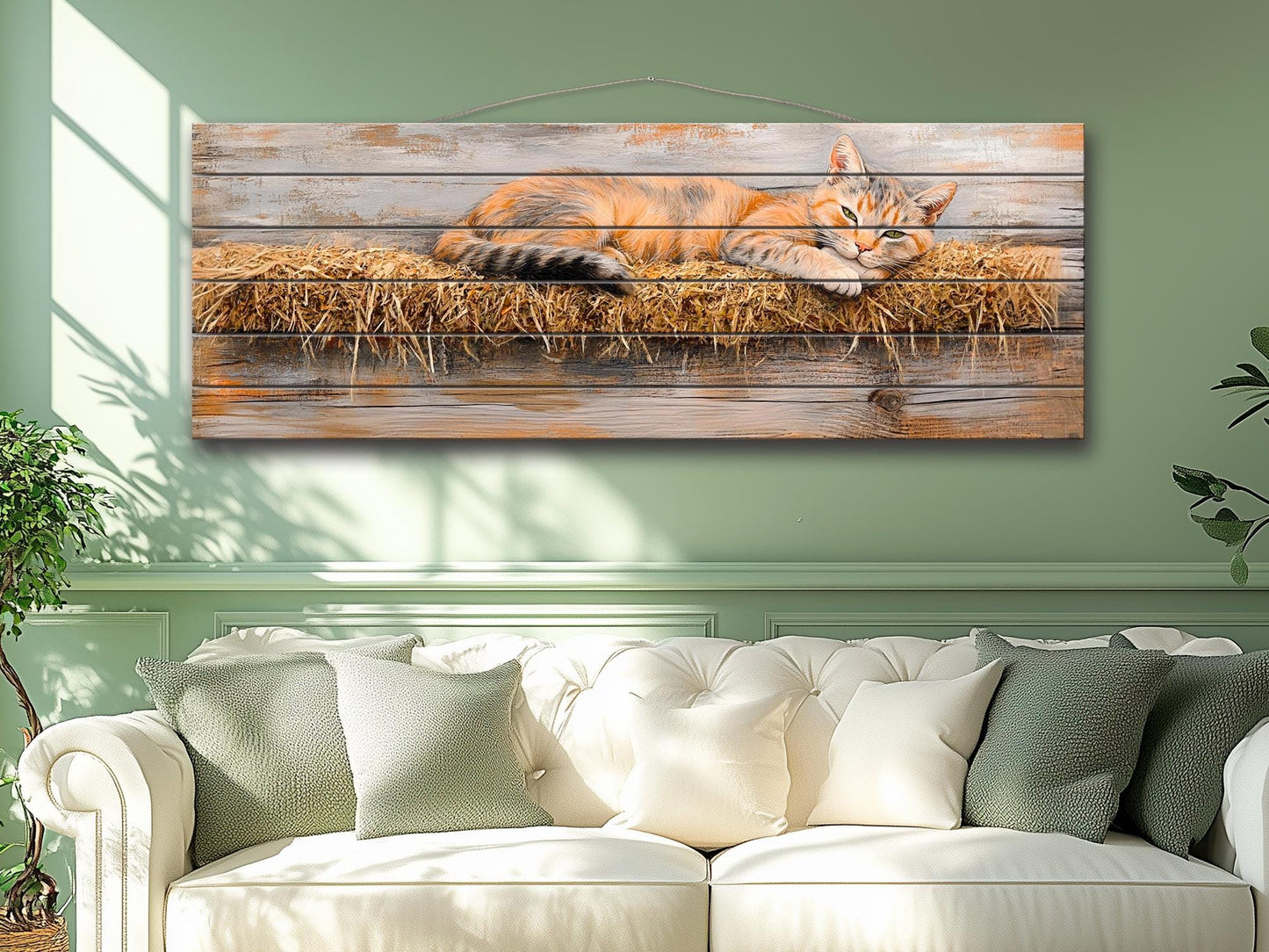 Farm Cat Lounging on a Hay Bale Painting Printed on Natural Wood, Cats Wall Art, Red Cat Print, Rustic Cabin Wall Decor, Wood Wall Art