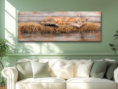 Farm Cat Lounging on a Hay Bale Painting Printed on Natural Wood, Cats Wall Art, Red Cat Print, Rustic Cabin Wall Decor, Wood Wall Art